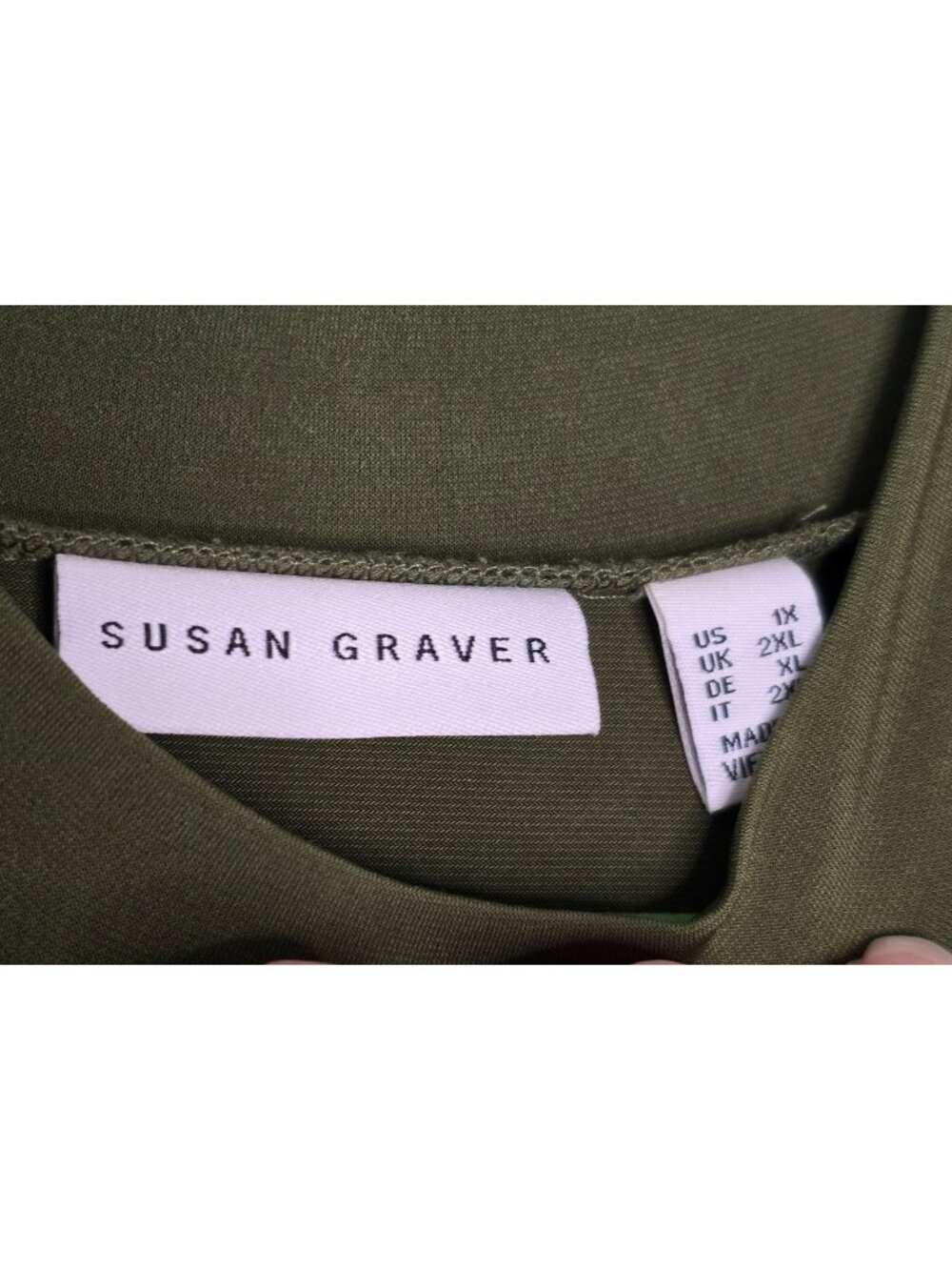 Susan Graver Olive Green Asymmetrical Plus Size 1X Button Top - Picture 2 of 6